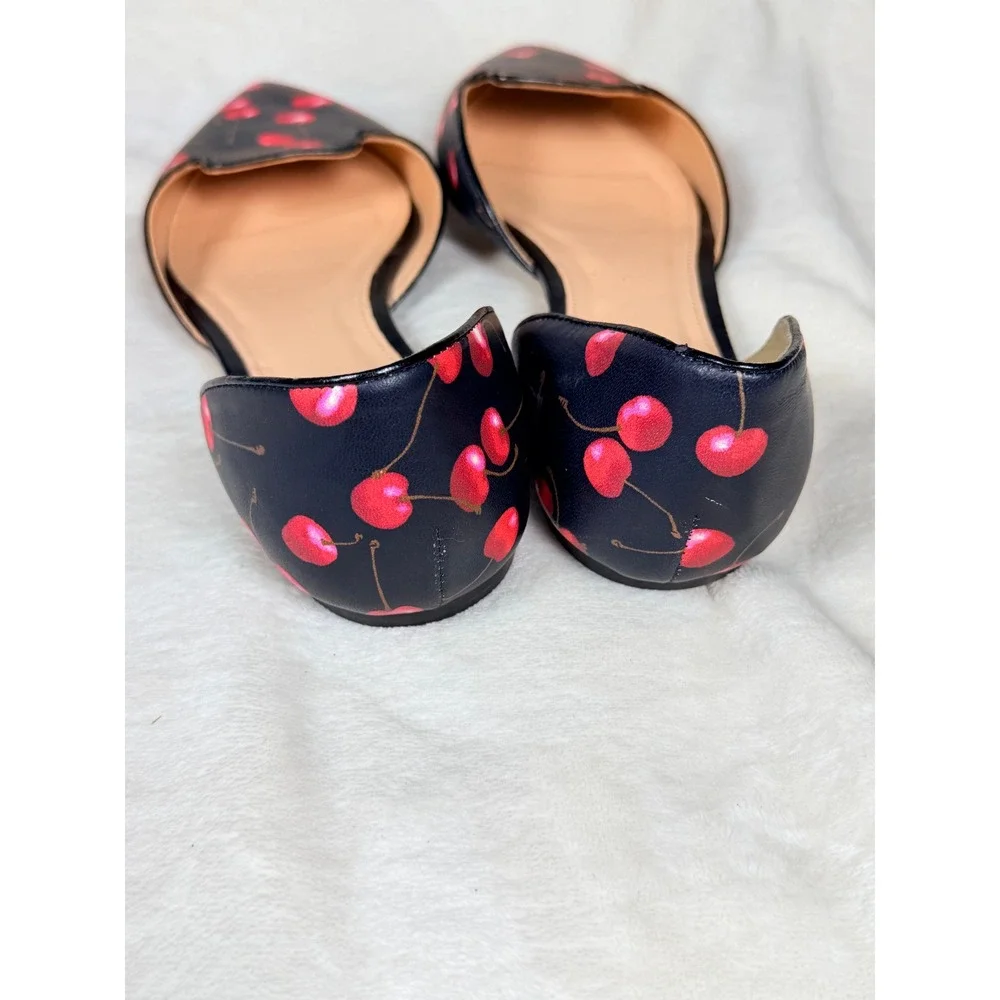 J.Crew Women Cherry Print D'Orsay Flats Size 11 Black Red Pointed Toe Leather